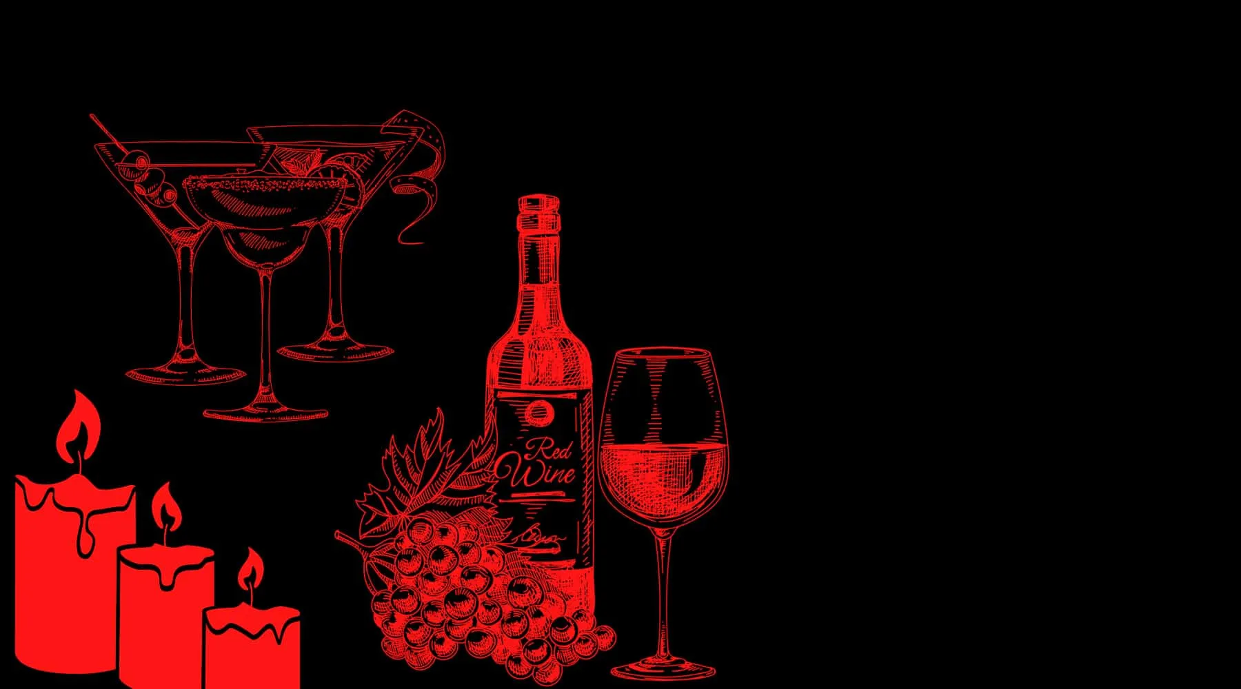 Illustration de cocktails, bouteille de vin rouge et bougies, La Tasca bar à tapas à Marseille